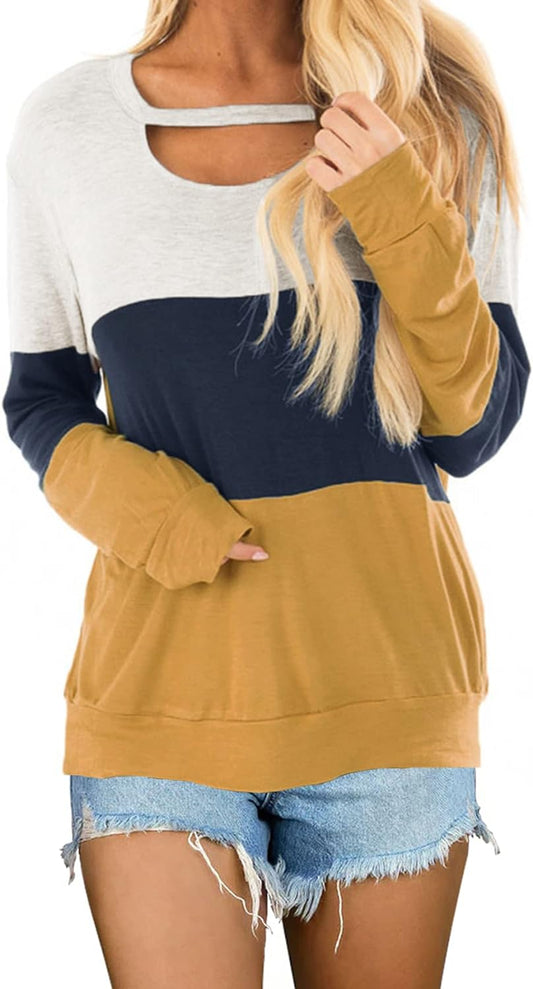 Women'S Fall Color Block Chest Cutout Tunics Long Sleeve Shirts Scoop Neck Blouse Casual Loose Fit Tops A-Yellow